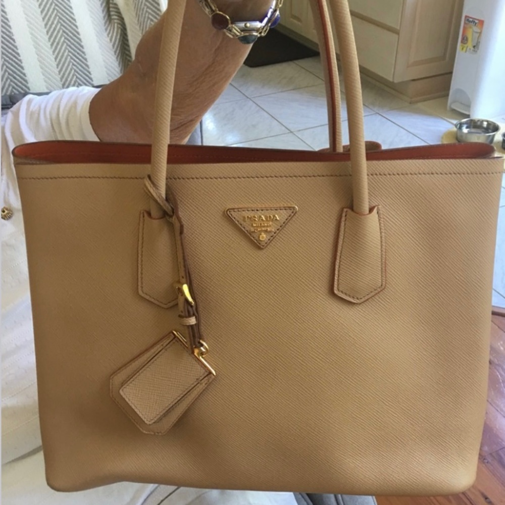 Prada Double Tote in Tan Saffiano Leather
